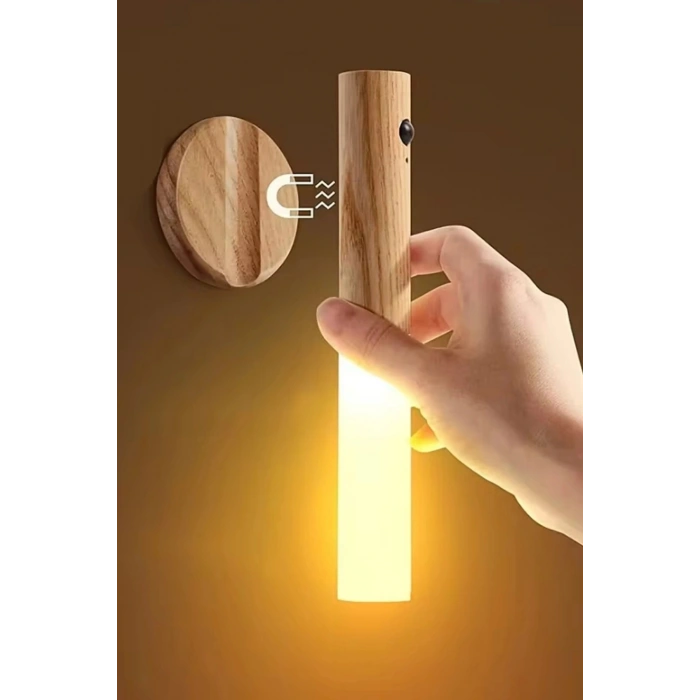 Sensörlü Şarjlı Led Ahşap Görünümlü Kablosuz Duvar Lambası Gün Işığı Aplik