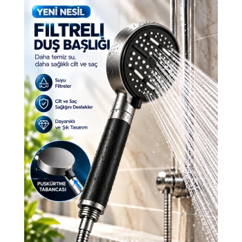 Filtreli Duş Başlığı 6 Modlu Geniş Panel Silikon Nozullu Banyo Başlığı Bx-316055