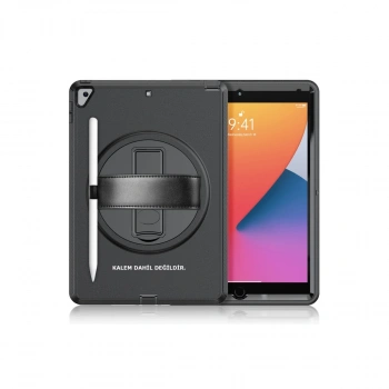 İpad 10.2 (7.nesil) Kılıf Hand Strap Tablet Kılıfı - Siyah