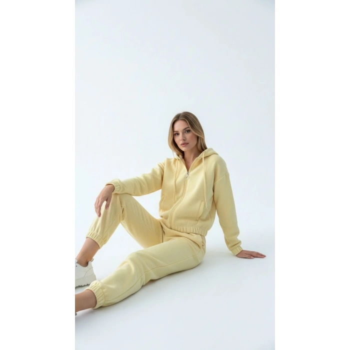 3 iplik şardonlu Kapşonlu fermuarlı kısa üst sarı pat8590