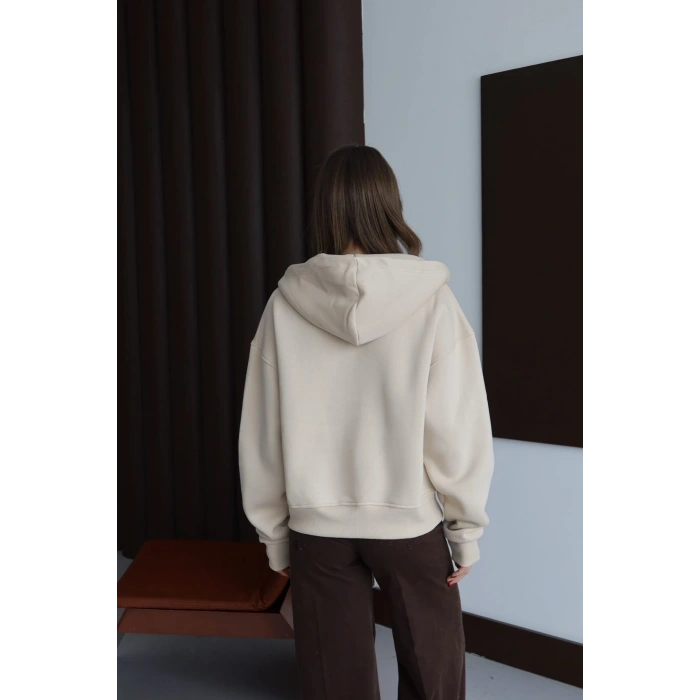 3 iplik şardonlu kapşonlu hoodie frm bej p510437