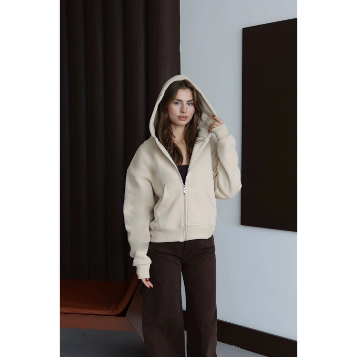 3 iplik şardonlu kapşonlu hoodie frm bej p510437