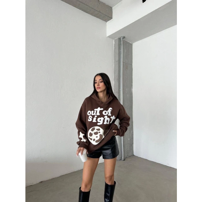 3 iplik şardonlu oversize out of baskılı sweat kahve