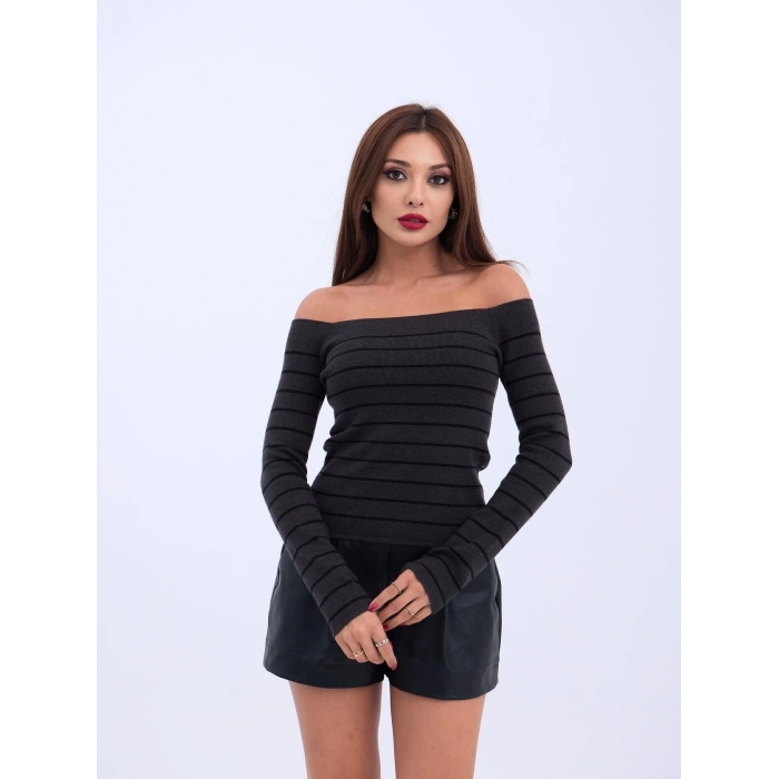 4206 TRİKO ÇİZGİLİ KAYIK YAKA CROP-ANTRASİT-SİYAH