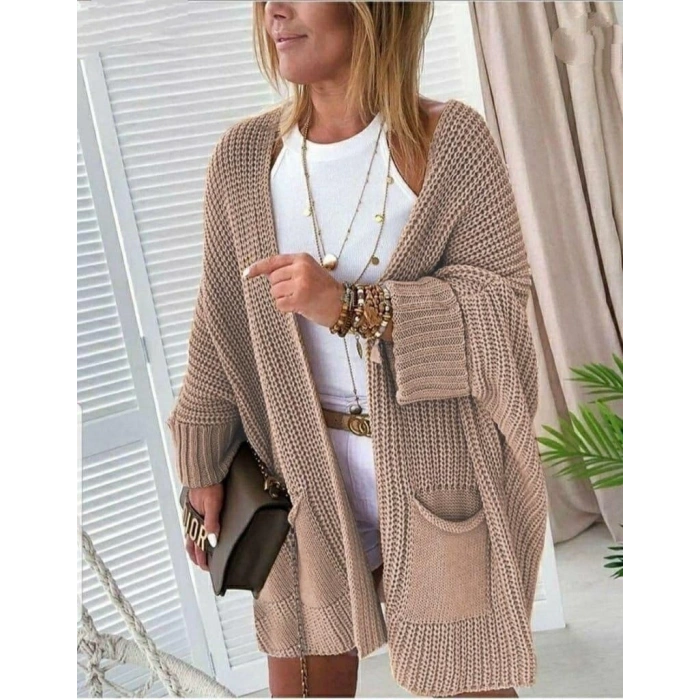 4Oversize Kalıp Cepli Salaş Triko Hırka BEJ