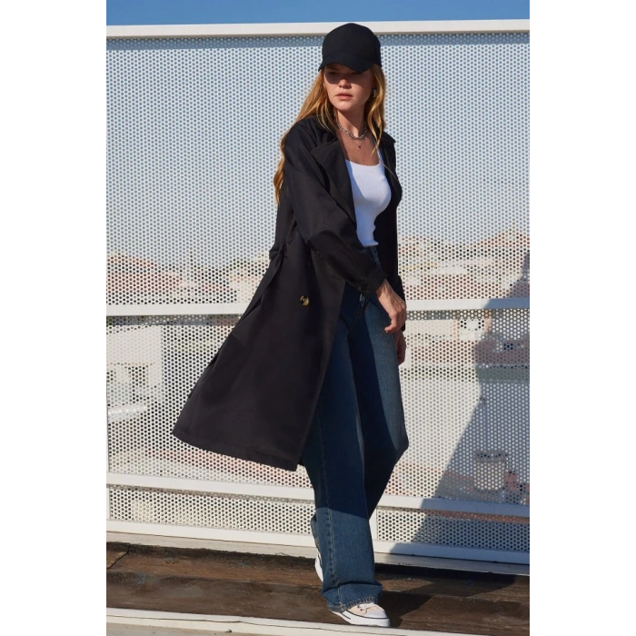 5853 Kruvaze Yaka Trençkot - Siyah