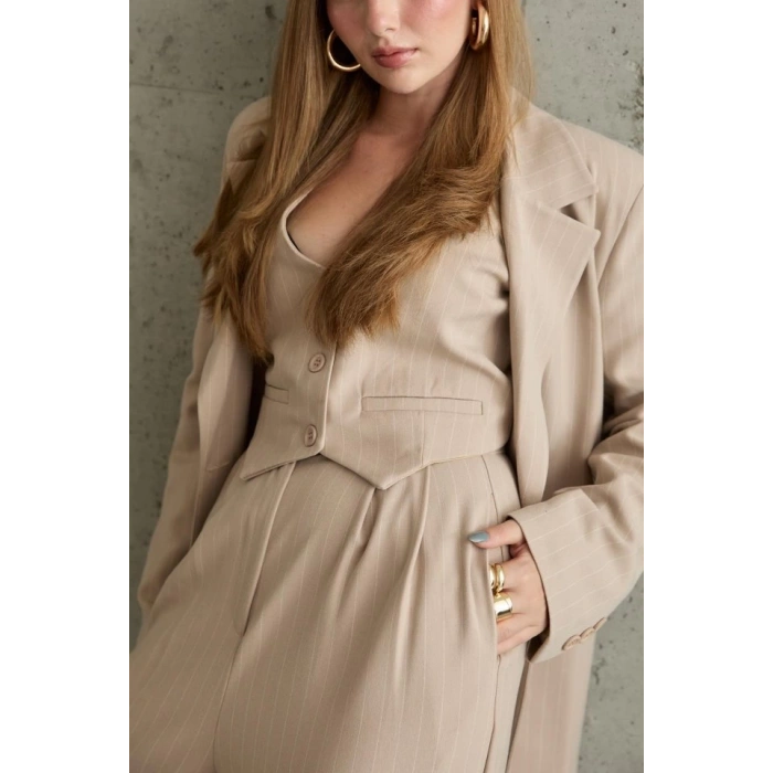 Bej Çizgili Ceket - Yelek Ve Pantolon Takım