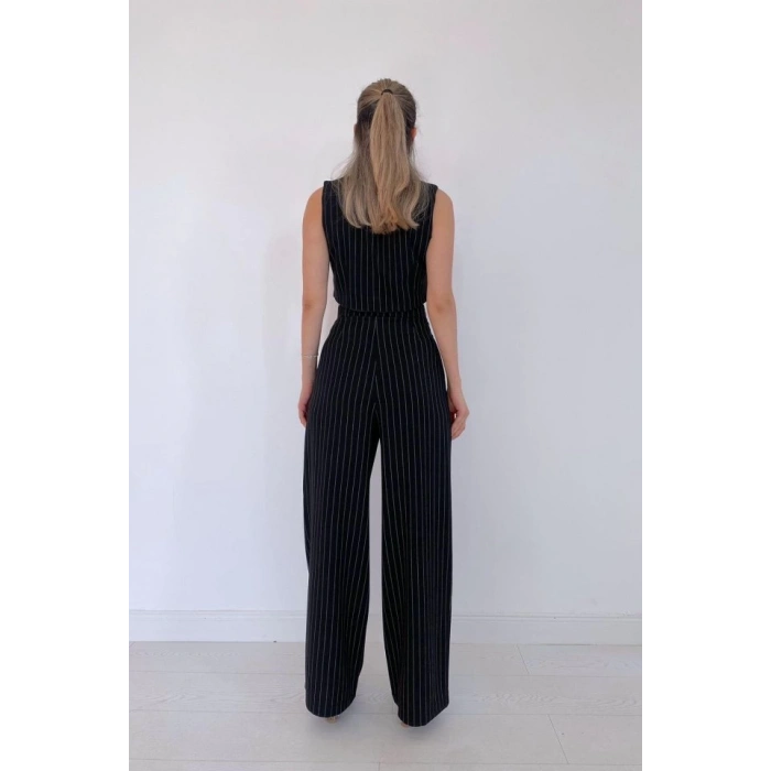 Siyah Çizgili Ceket - Yelek Ve Pantolon Takım