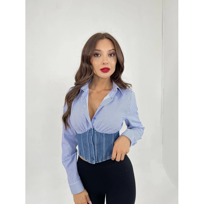 6963 GÖMLEK-MAVİ BEYAZ ÇİZGİLİ