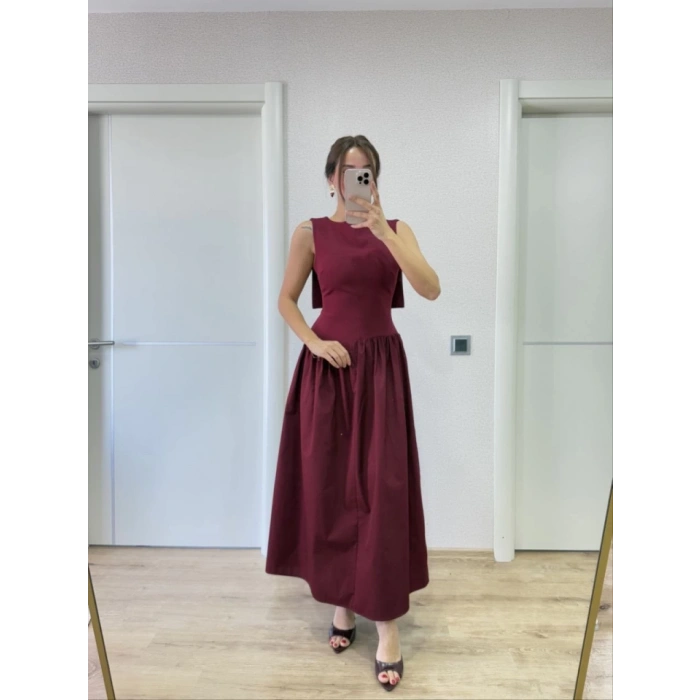 Arkası Kanatlı Uzun Elbise- Bordo