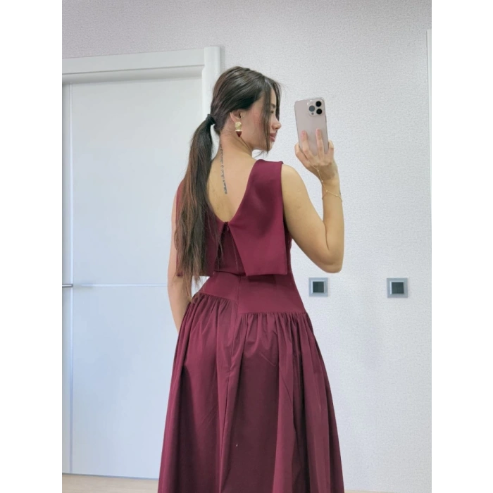 Arkası Kanatlı Uzun Elbise- Bordo