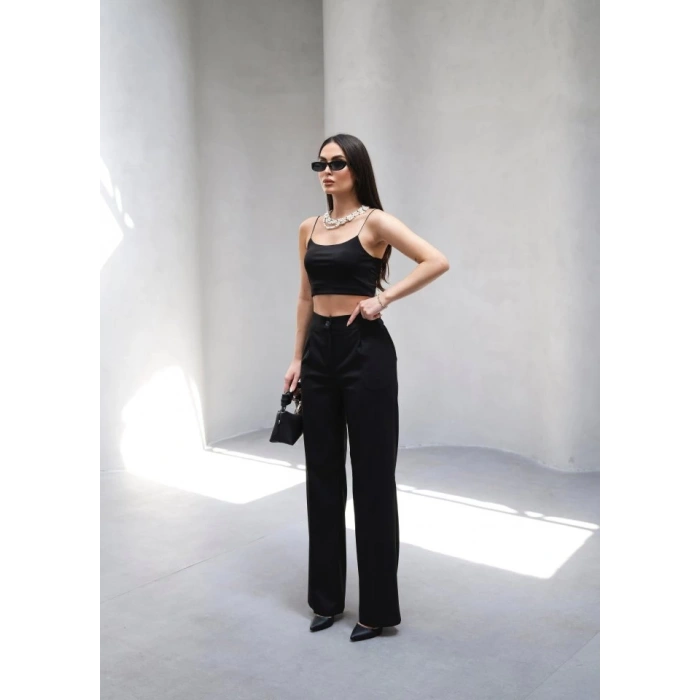 Arkasi Lasti̇kli̇ Pi̇leli̇ Dökümlü Wide Leg Pantolon