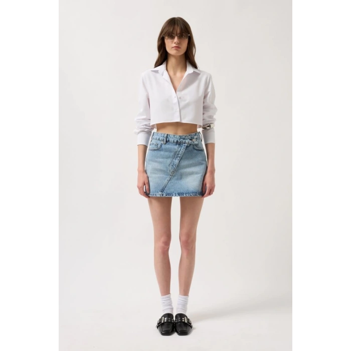 Asimetrik Kemer Denim Mini Etek