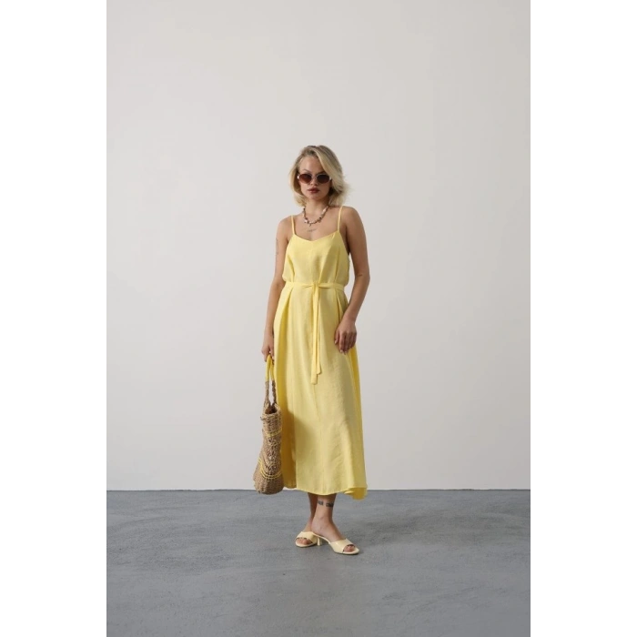 Askılı Basic Uzun Elbise - Sarı