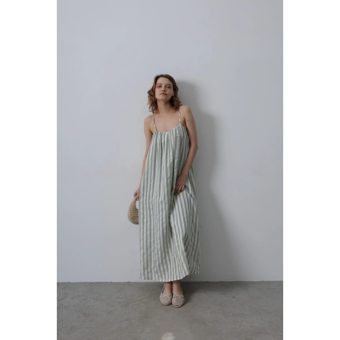 Askılı Çizgi Desen Elbise - Haki