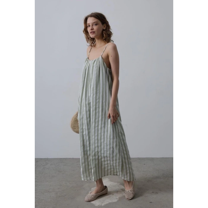 Askılı Çizgi Desen Elbise - Haki