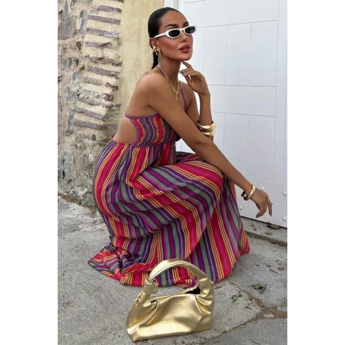 Askılı Pile Detaylı Renkli Maxi Elbise 2748