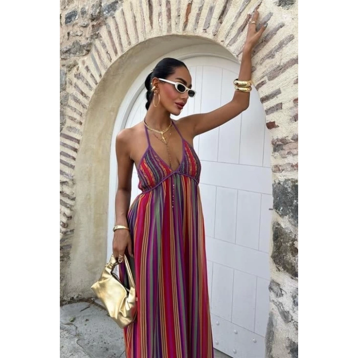 Askılı Pile Detaylı Renkli Maxi Elbise 2748