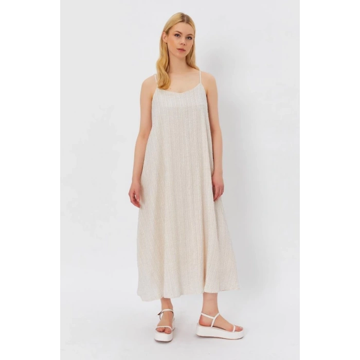 Askılı Uzun Çan Elbise - Natür