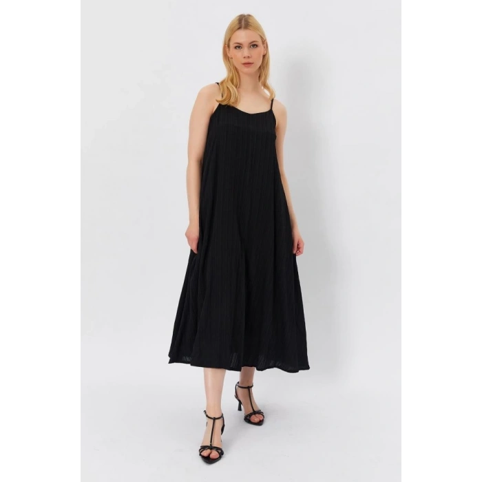 Askılı Uzun Çan Elbise - Siyah