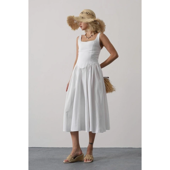 Askılı Uzun Elbise - Beyaz