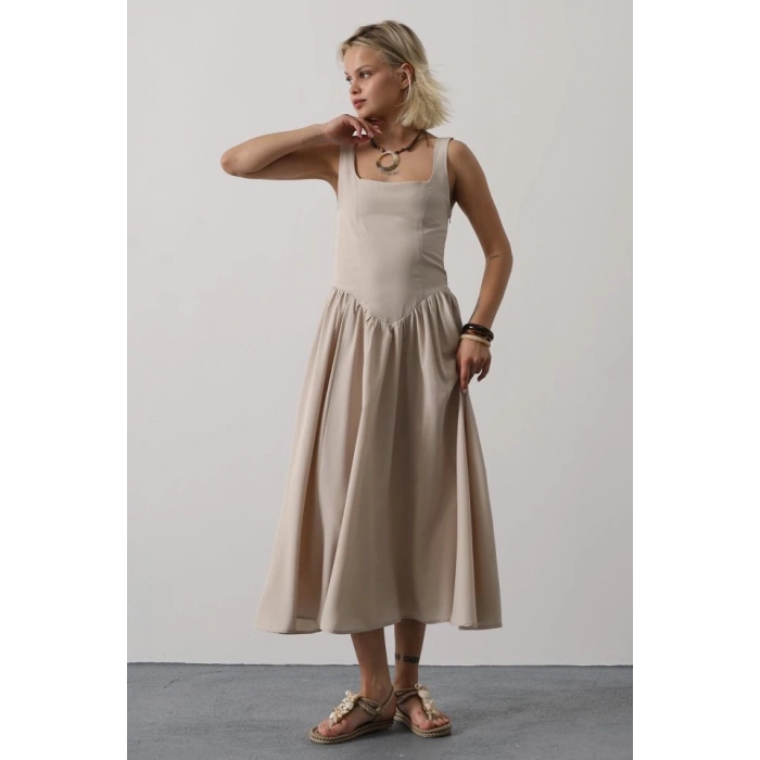 Askılı Uzun Elbise - Taş