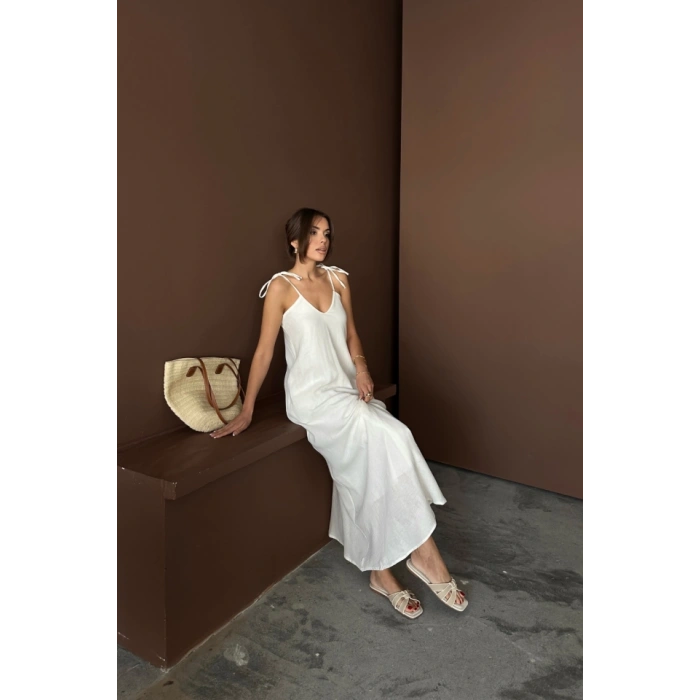 ASKILI UZUN SALAŞ MÜSLİN ELBİSE - Beyaz