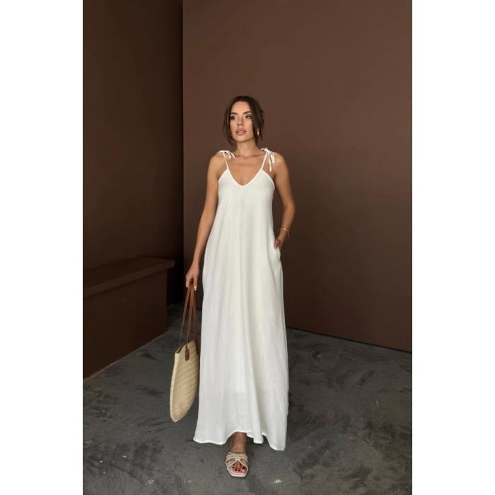 ASKILI UZUN SALAŞ MÜSLİN ELBİSE - Beyaz