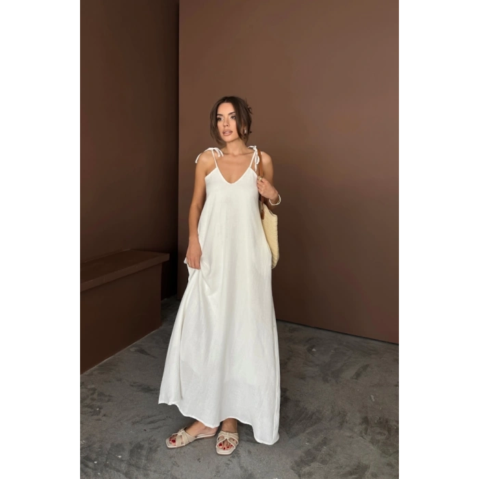 ASKILI UZUN SALAŞ MÜSLİN ELBİSE - Beyaz