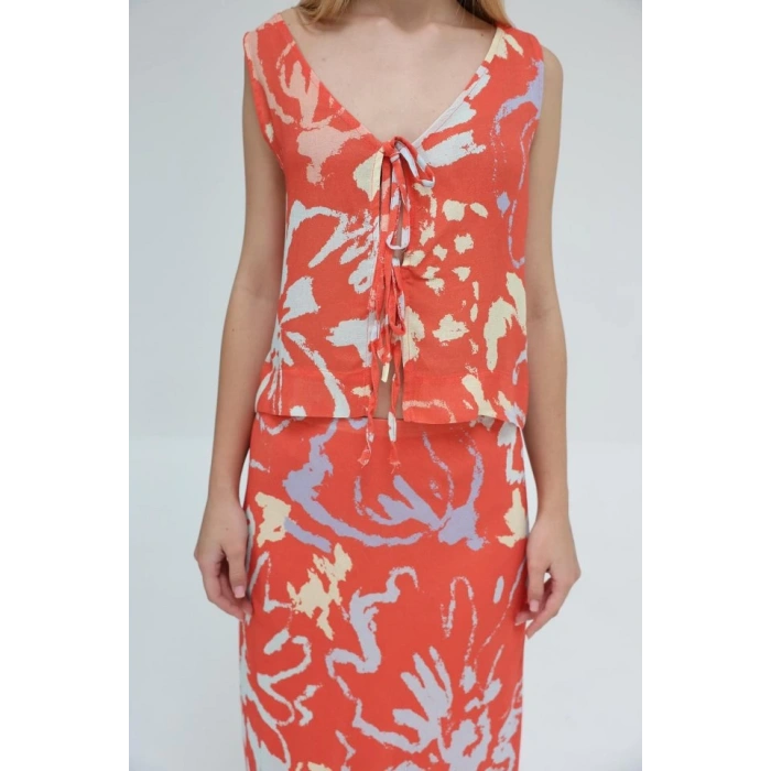 Bağcıklı Bluzlu Etek Takım - Kırmızı