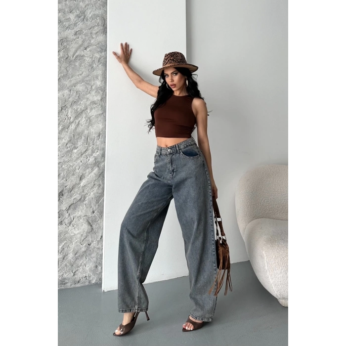 Baggy kar yıkama eskitme kahve jeans pantolon d2007