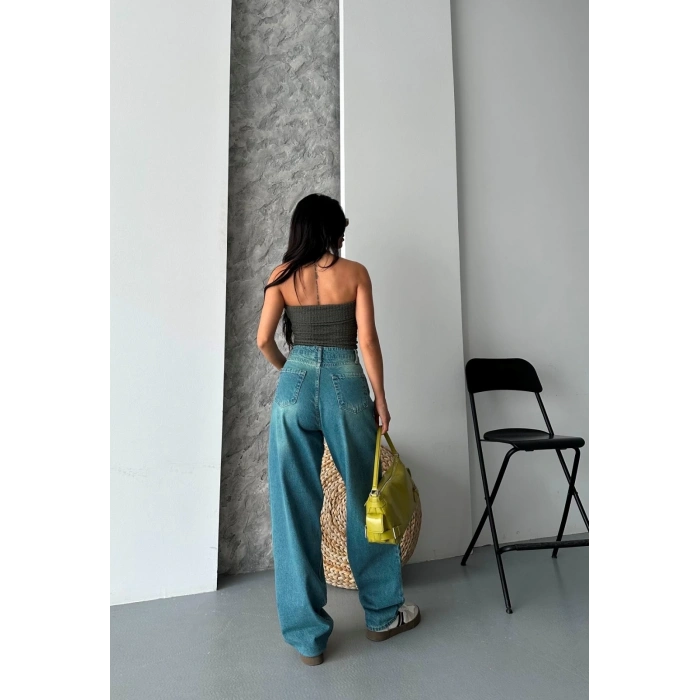 Baggy taş enzim bıyık yıkama jeans pantolon yeşil tint d2007