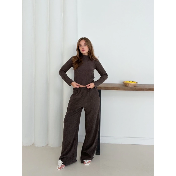 Balıkçı yaka örme takım kahve st265865