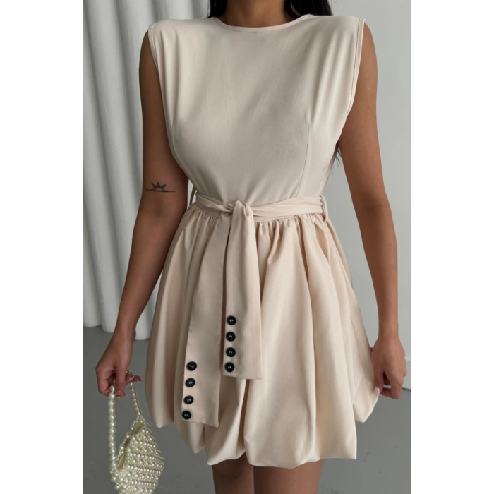 BALON ETEKLİ TASARIM KISA ELBİSE - Bej