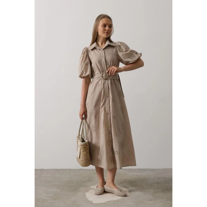 Balon Kol Kemerli Brode Elbise - Taş