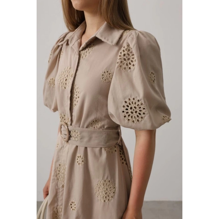 Balon Kol Kemerli Brode Elbise - Taş