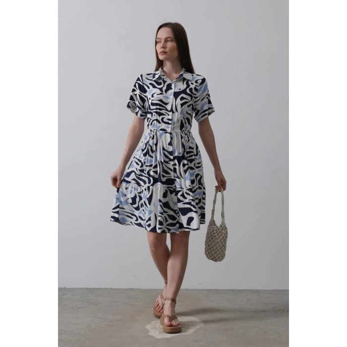 Baskılı Keten Elbise - Lacivert