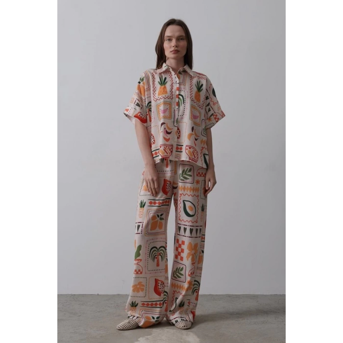 Baskılı Kısa Kol Pantolon Takım - Taş-Oranj