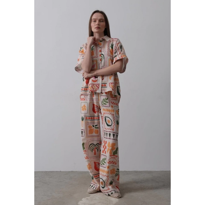 Baskılı Kısa Kol Pantolon Takım - Taş-Oranj