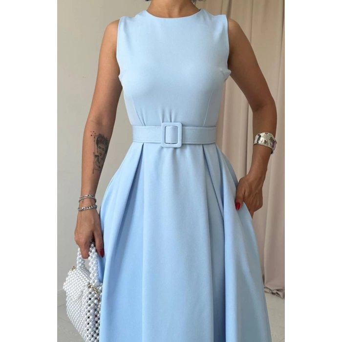 Bebe Mavi Halter Yaka Kloş Elbise