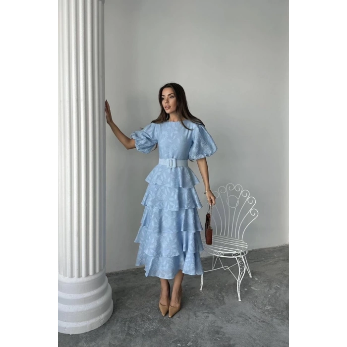 Bebe Mavi Kat Kat Balon Kollu Kemerli Elbise