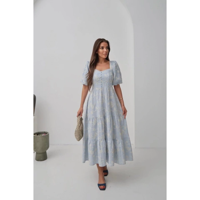 Bebe Mavi Süs Düğmeli Balon Kollu Elbise