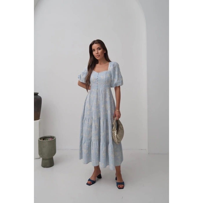 Bebe Mavi Süs Düğmeli Balon Kollu Elbise