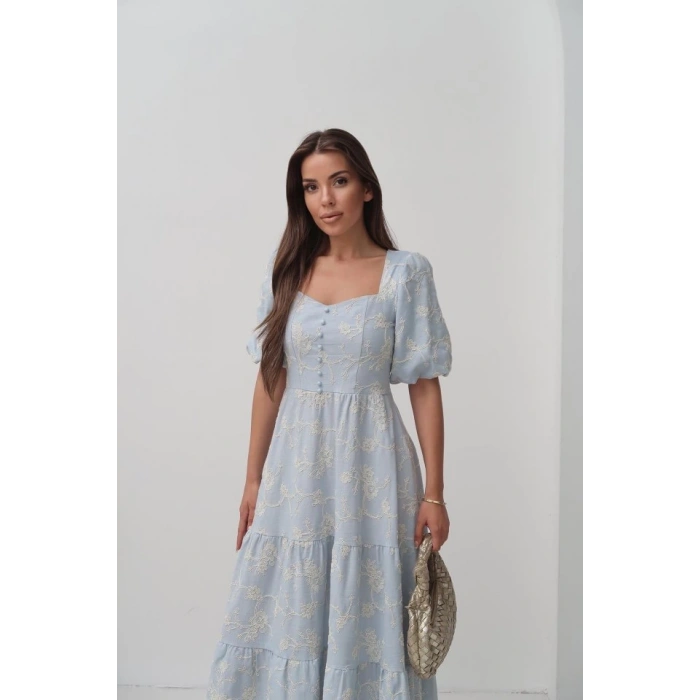 Bebe Mavi Süs Düğmeli Balon Kollu Elbise