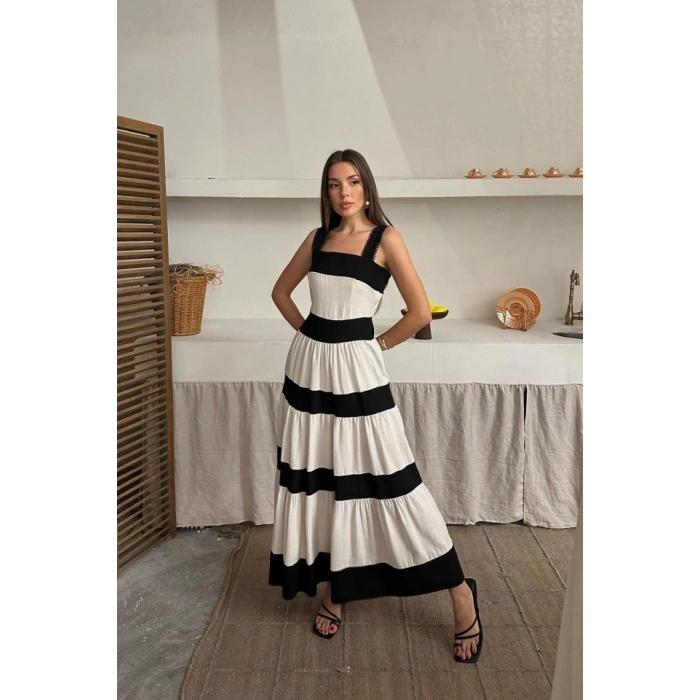 Bej Arkası Fiyonklu Keten Elbise