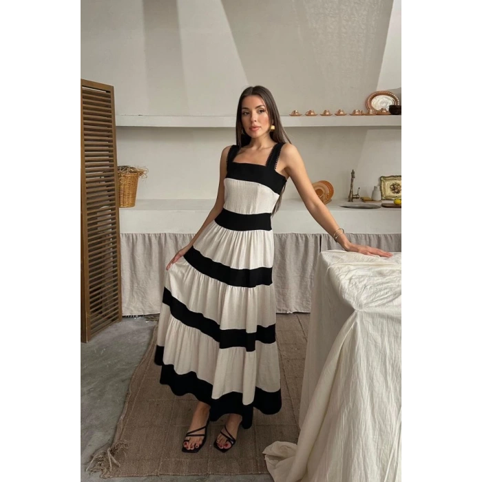 Bej Arkası Fiyonklu Keten Elbise