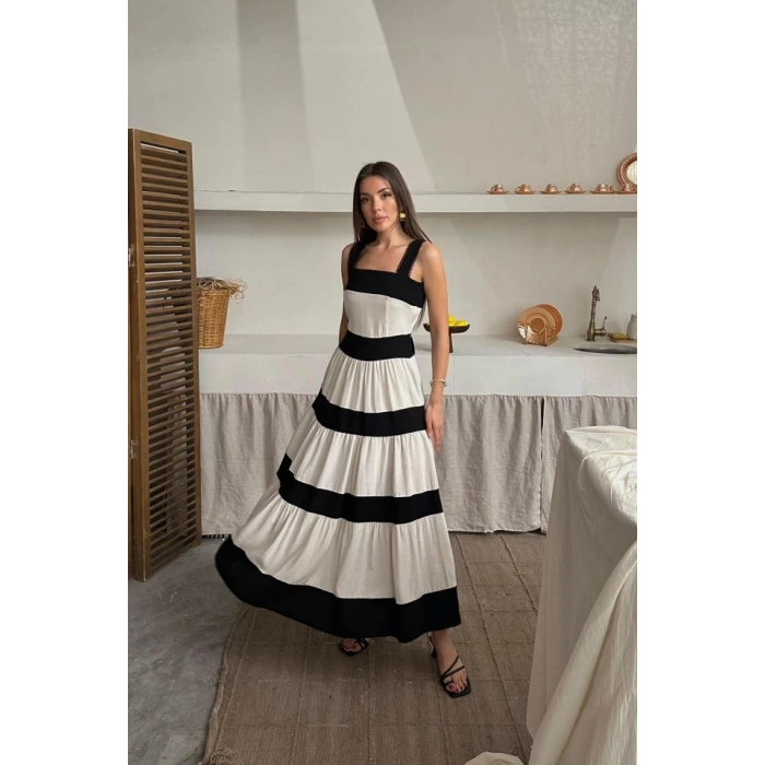 Bej Arkası Fiyonklu Keten Elbise