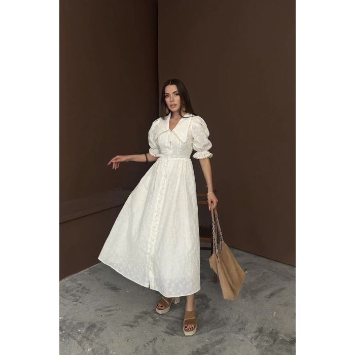 Bej Bebe Yaka Balon Kollu Brode Elbise