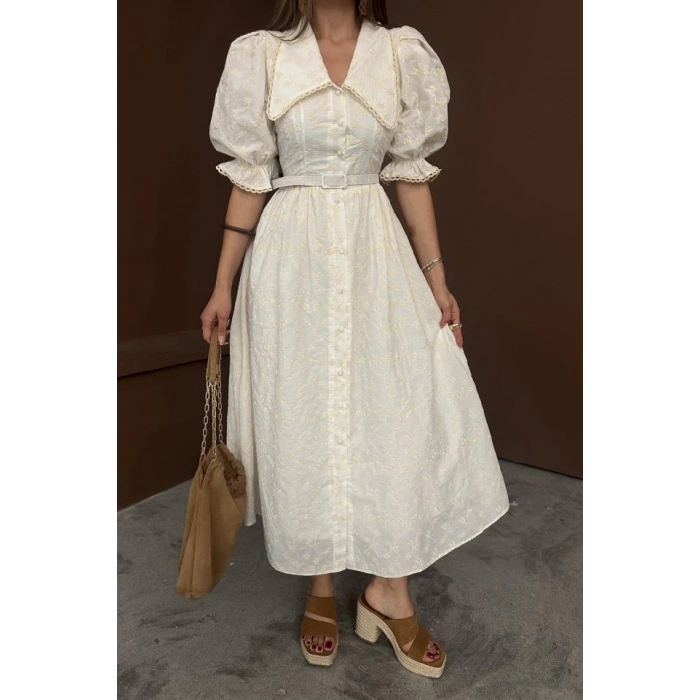 Bej Bebe Yaka Balon Kollu Brode Elbise