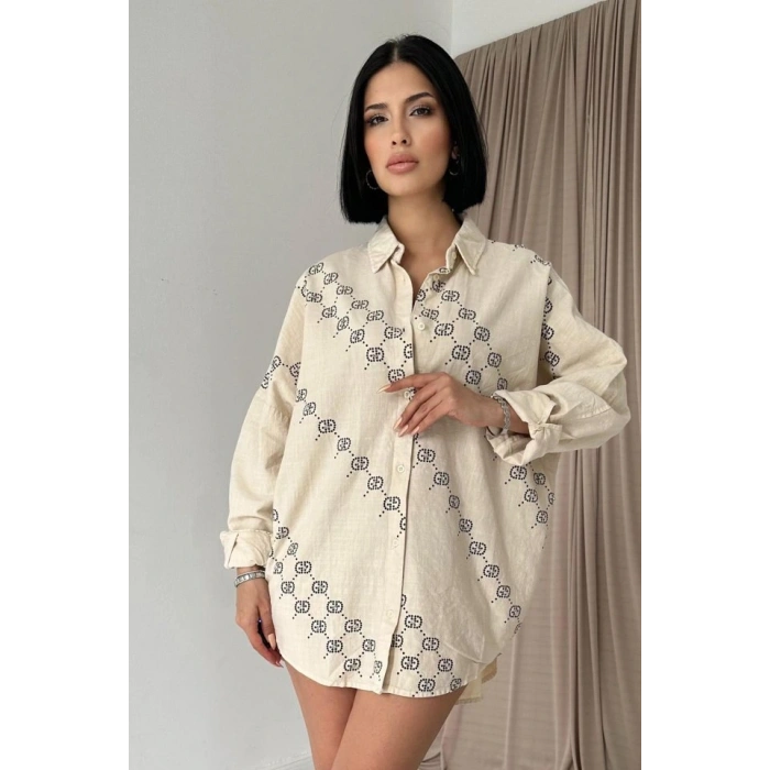 Bej Boyamalı Keten Baskılı Taşlı Gömlek